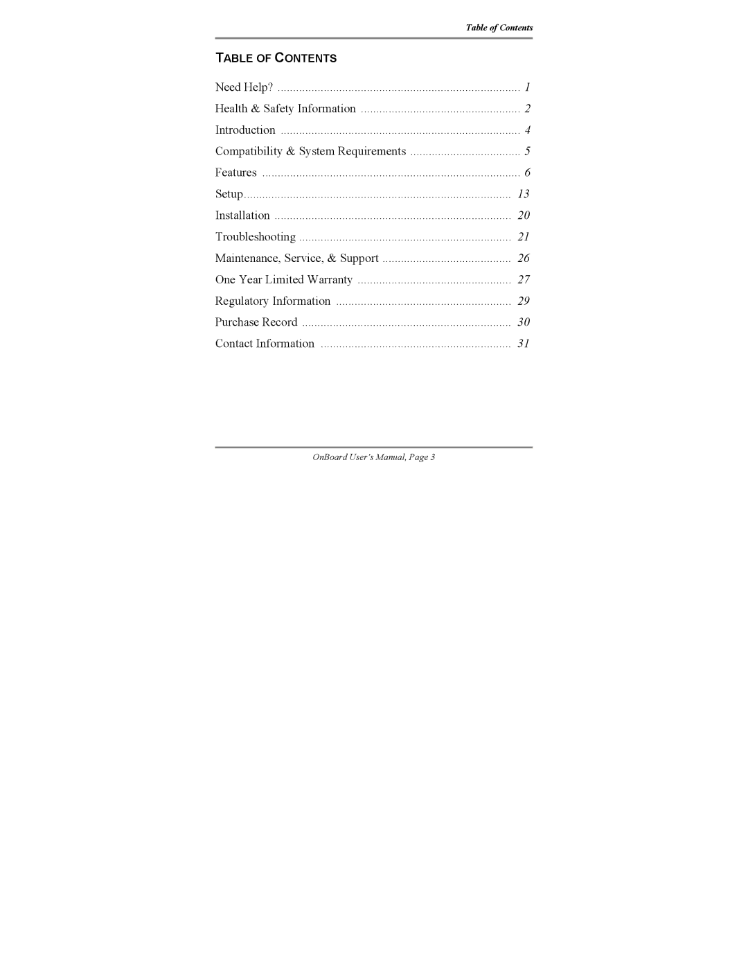 Atek electronic OnBoard manual Table of Contents 