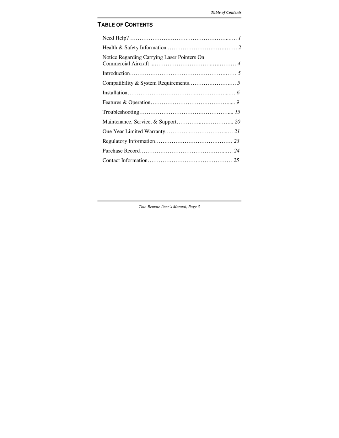 Atek electronic Tote manual Table of Contents 