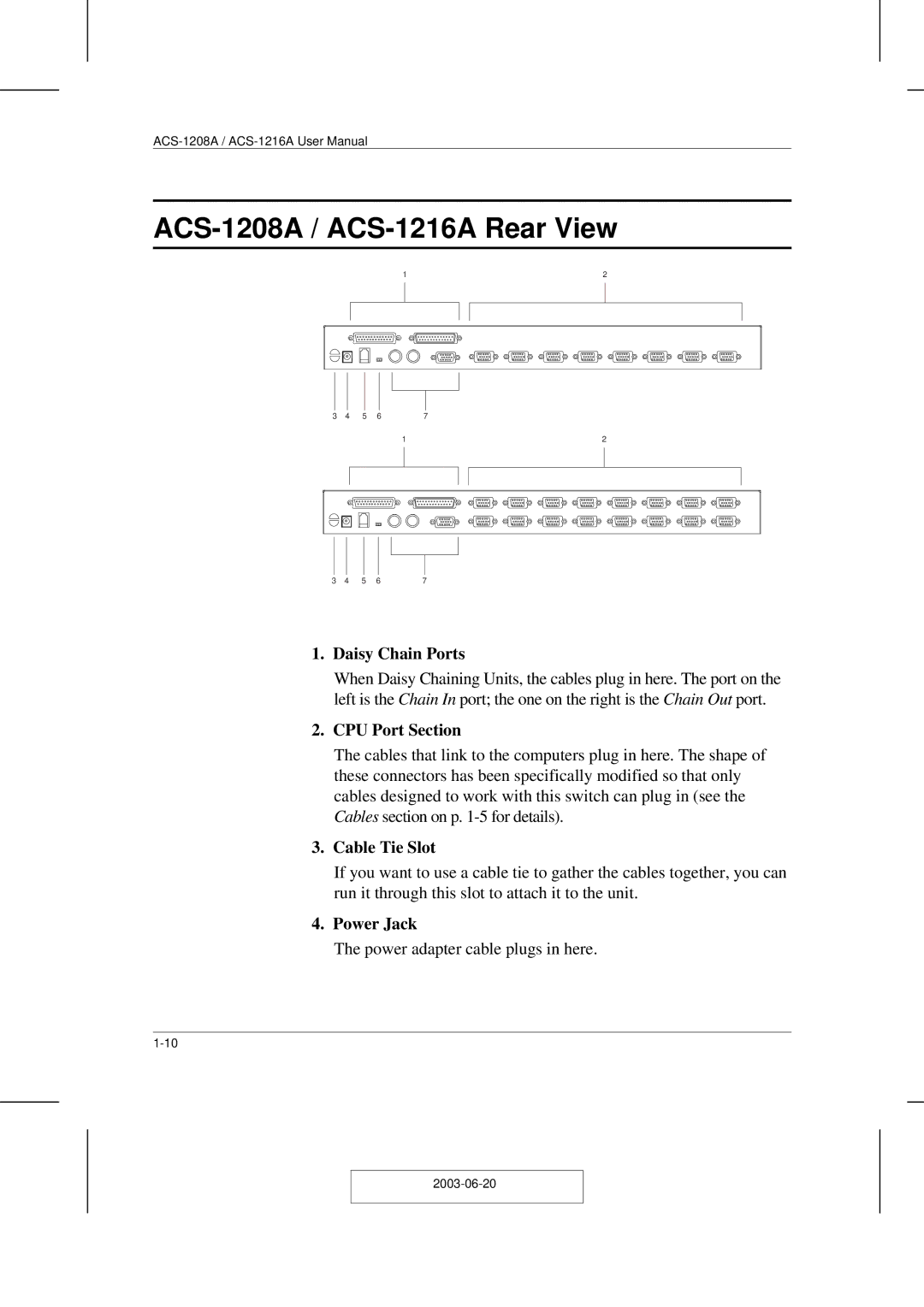 ATEN Technology user manual ACS-1208A / ACS-1216A Rear View, Daisy Chain Ports 