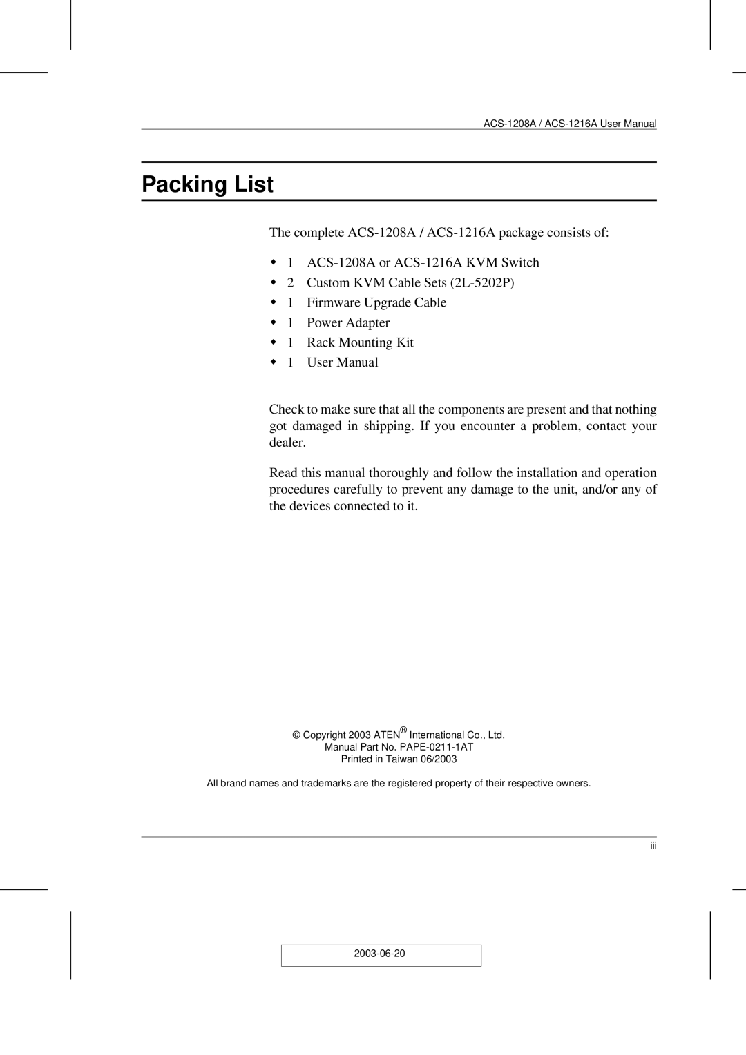 ATEN Technology ACS-1208A user manual Packing List 