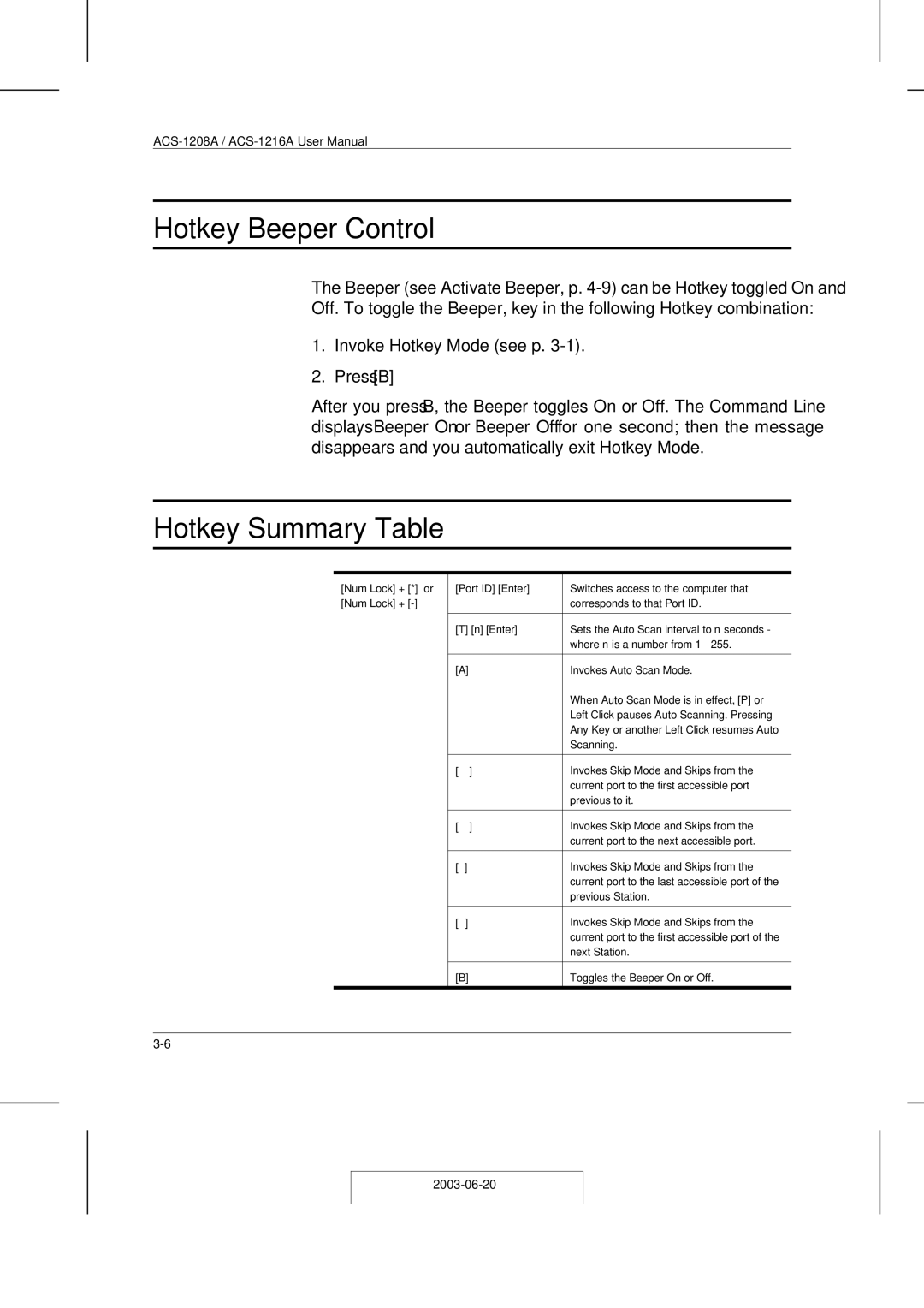 ATEN Technology ACS-1208A user manual Hotkey Beeper Control, Hotkey Summary Table 