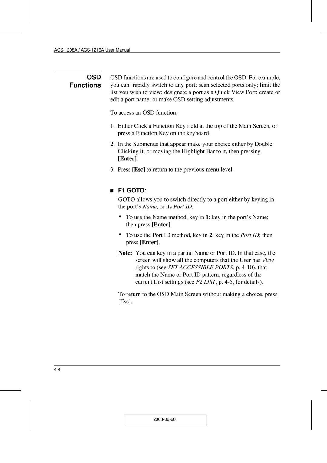 ATEN Technology ACS-1208A user manual OSD Functions, F1 Goto 