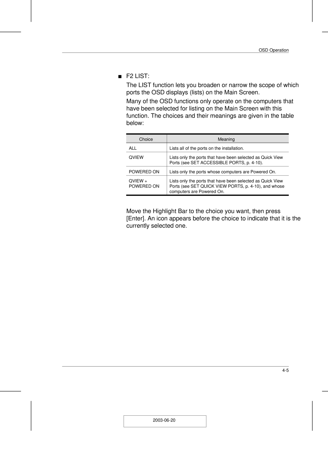 ATEN Technology ACS-1208A user manual F2 List, Choice Meaning 