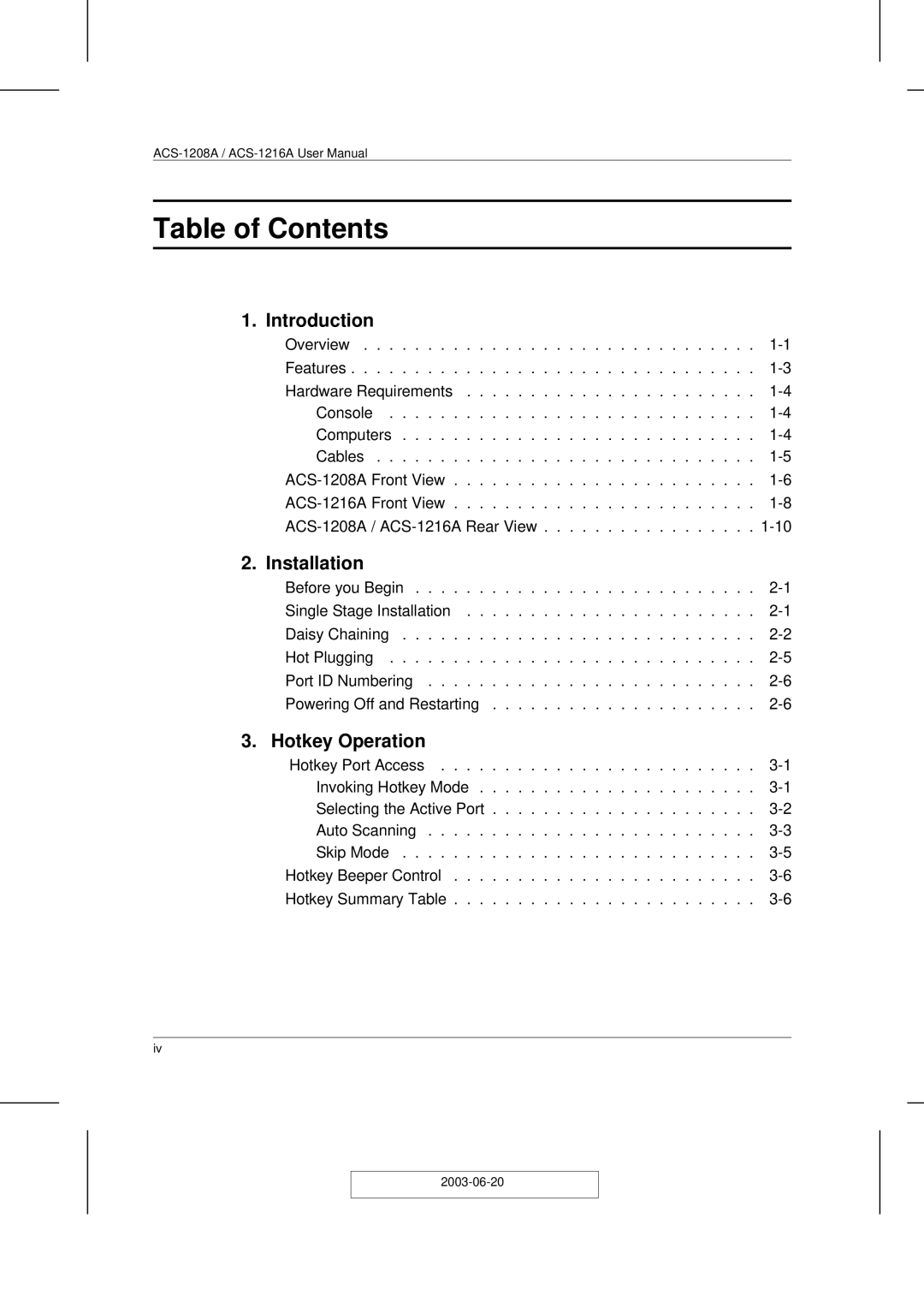 ATEN Technology ACS-1208A user manual Table of Contents 