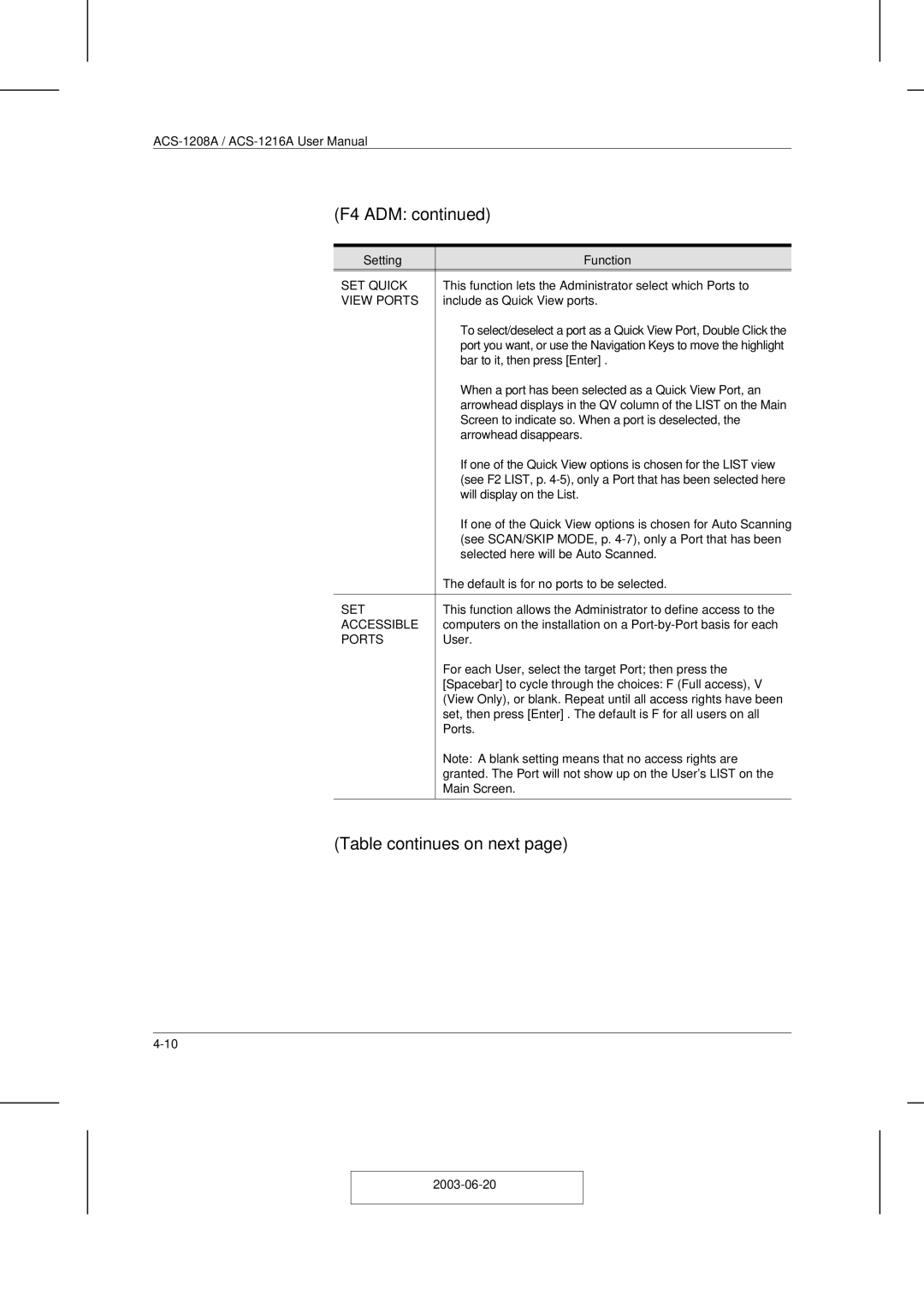 ATEN Technology ACS-1208A user manual SET Quick, View Ports, Accessible 