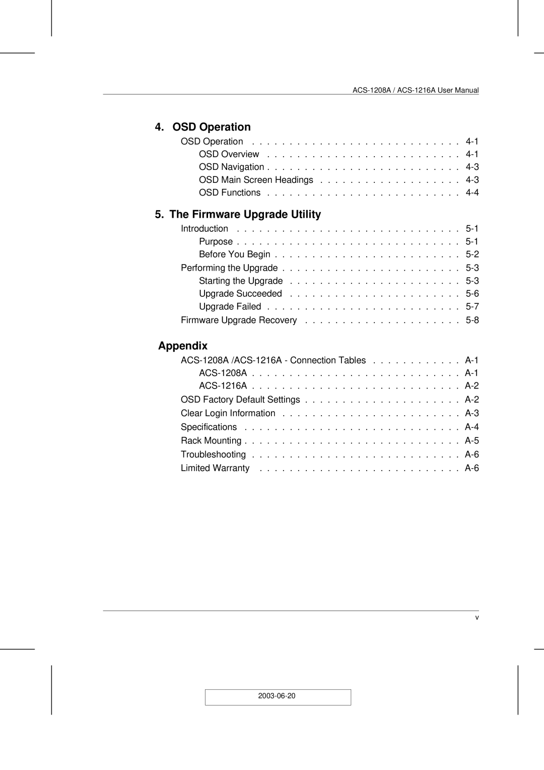 ATEN Technology ACS-1208A user manual OSD Operation, Firmware Upgrade Utility, Appendix 