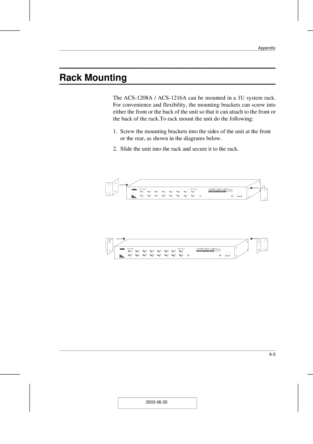 ATEN Technology ACS-1208A user manual Rack Mounting 