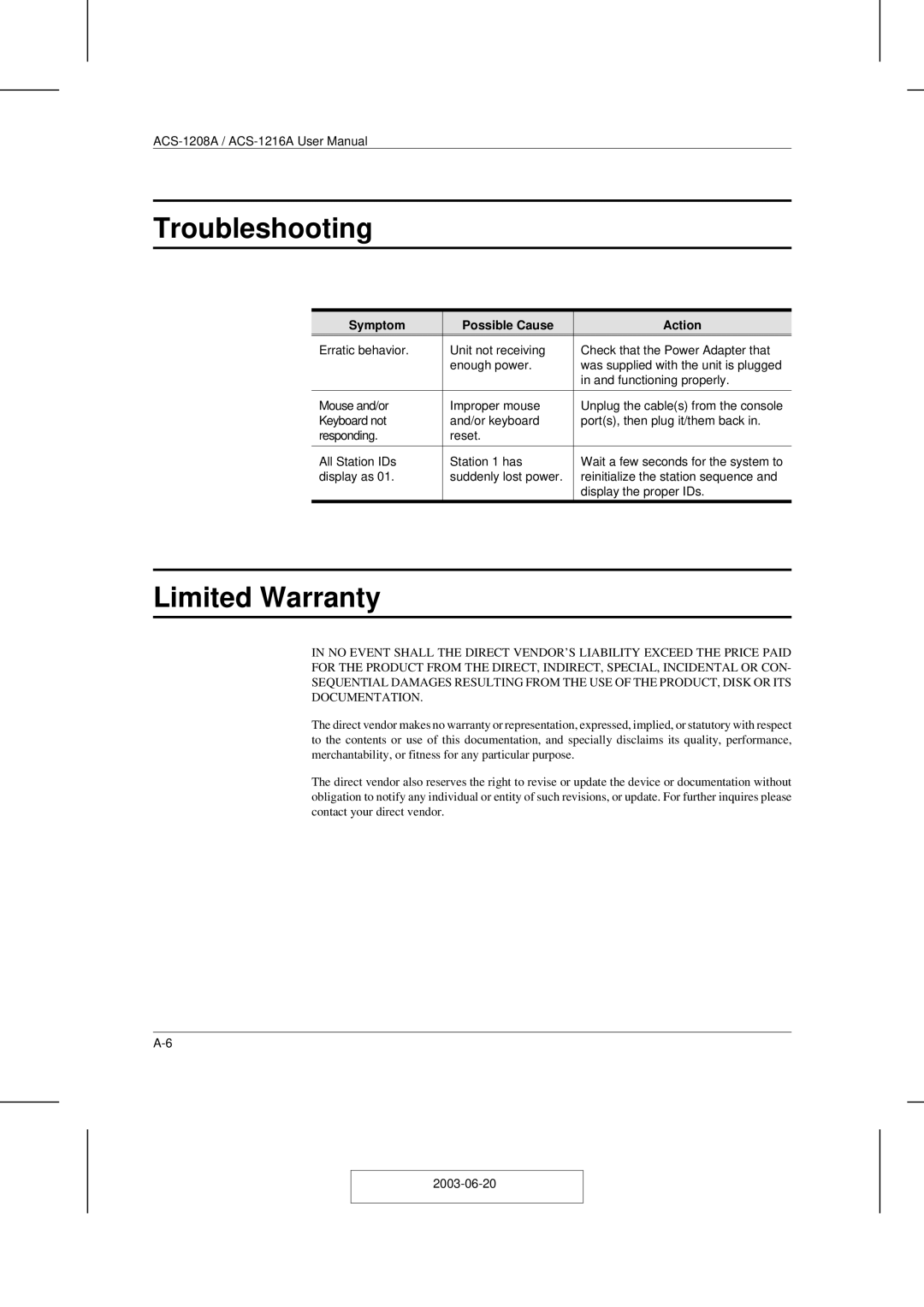 ATEN Technology ACS-1208A user manual Troubleshooting, Limited Warranty, Symptom Possible Cause Action 