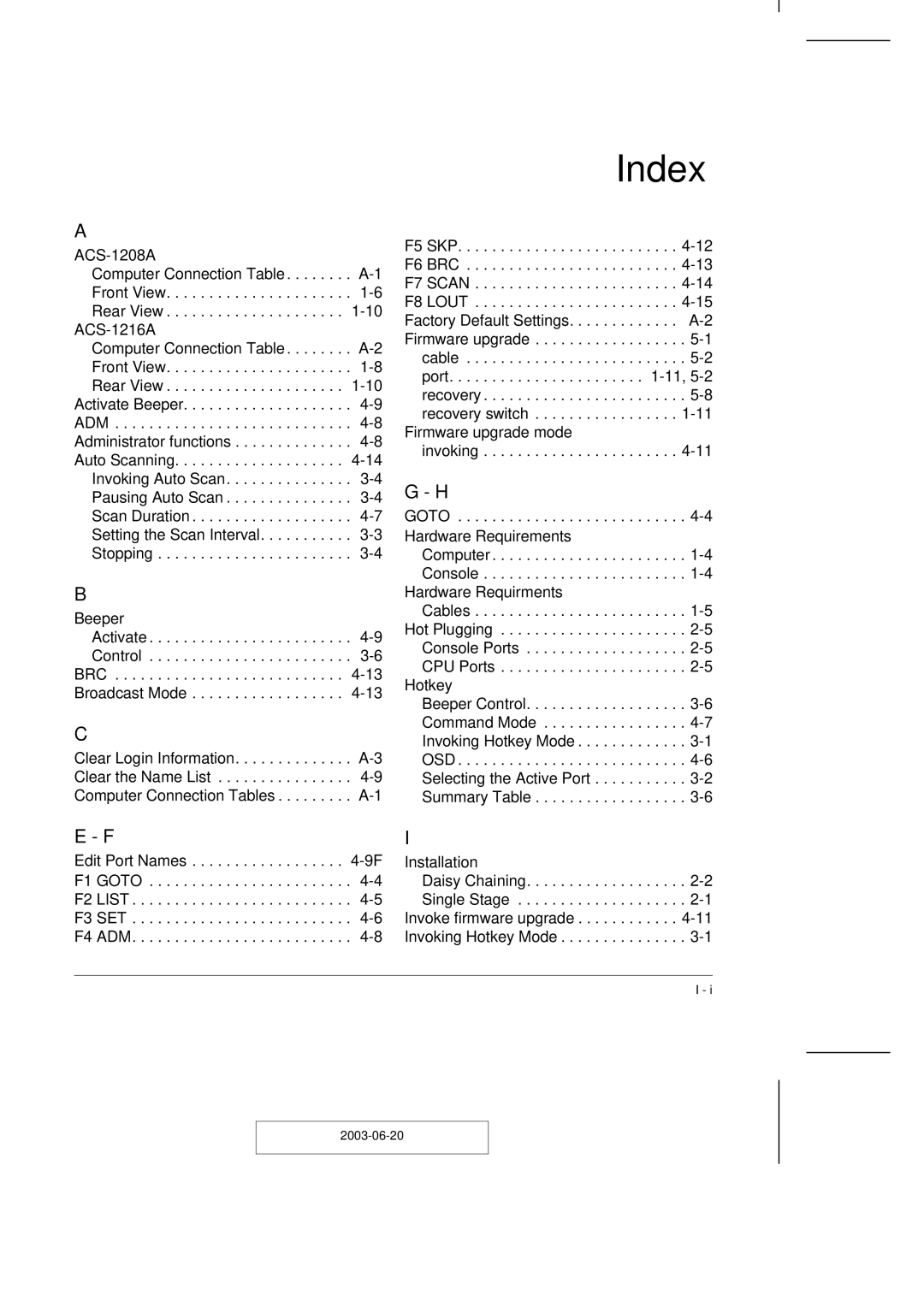 ATEN Technology ACS-1208A user manual Index 