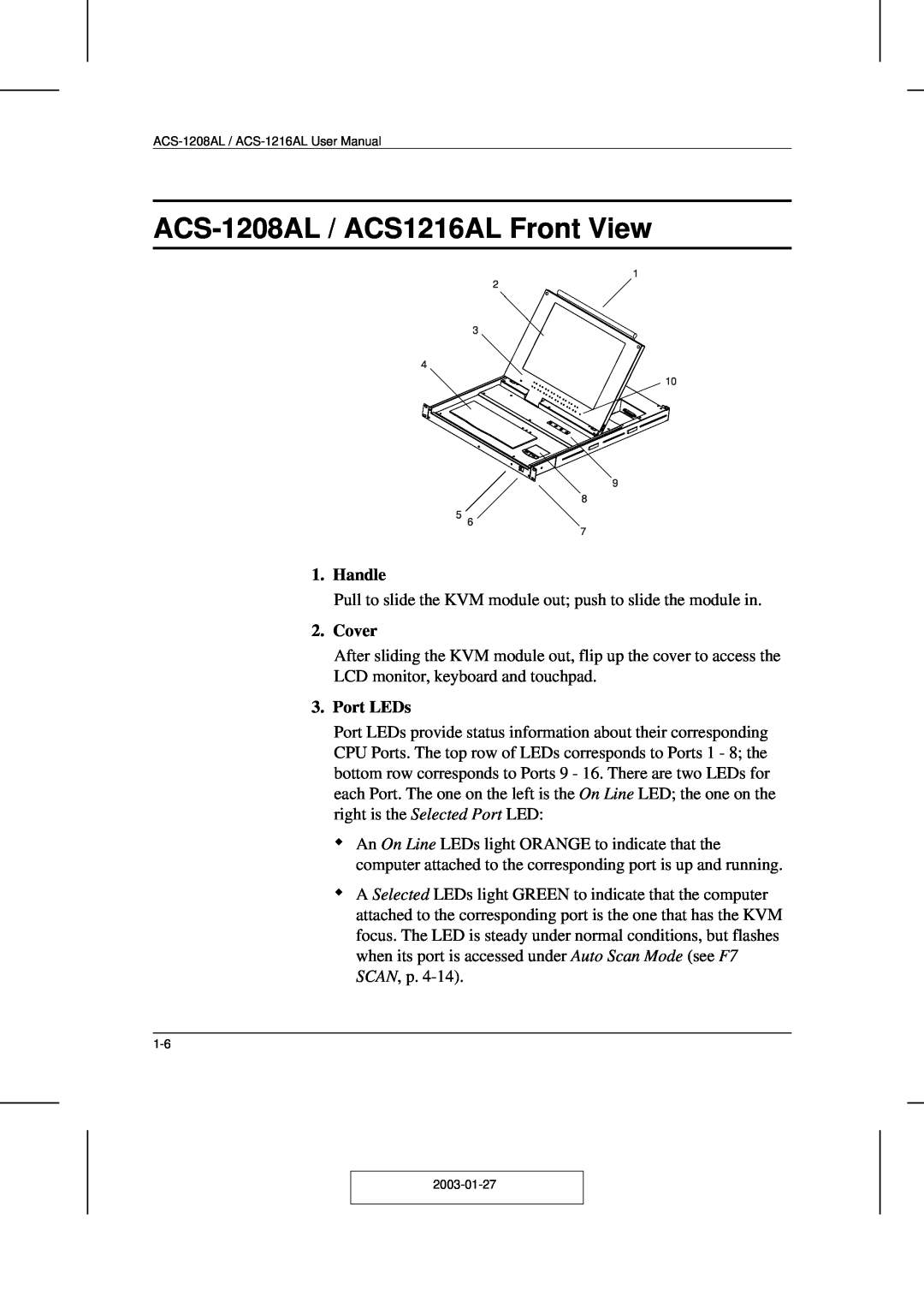 ATEN Technology ACS-1208AL, ACS-1216AL user manual ACS-1208AL /ACS1216AL Front View, Handle, Cover, Port LEDs 