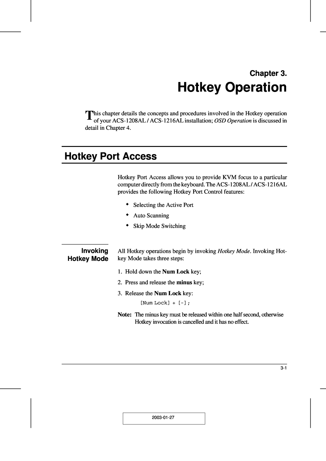 ATEN Technology ACS-1208AL, ACS-1216AL user manual Hotkey Operation, Hotkey Port Access, Invoking Hotkey Mode, Chapter 