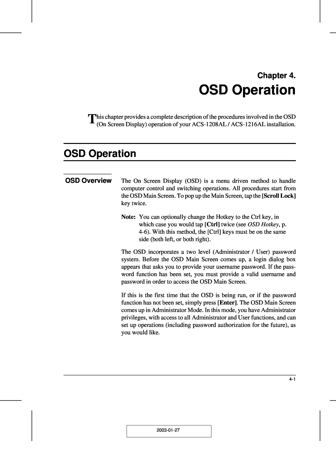 ATEN Technology ACS-1208AL, ACS-1216AL user manual OSD Operation, Chapter 