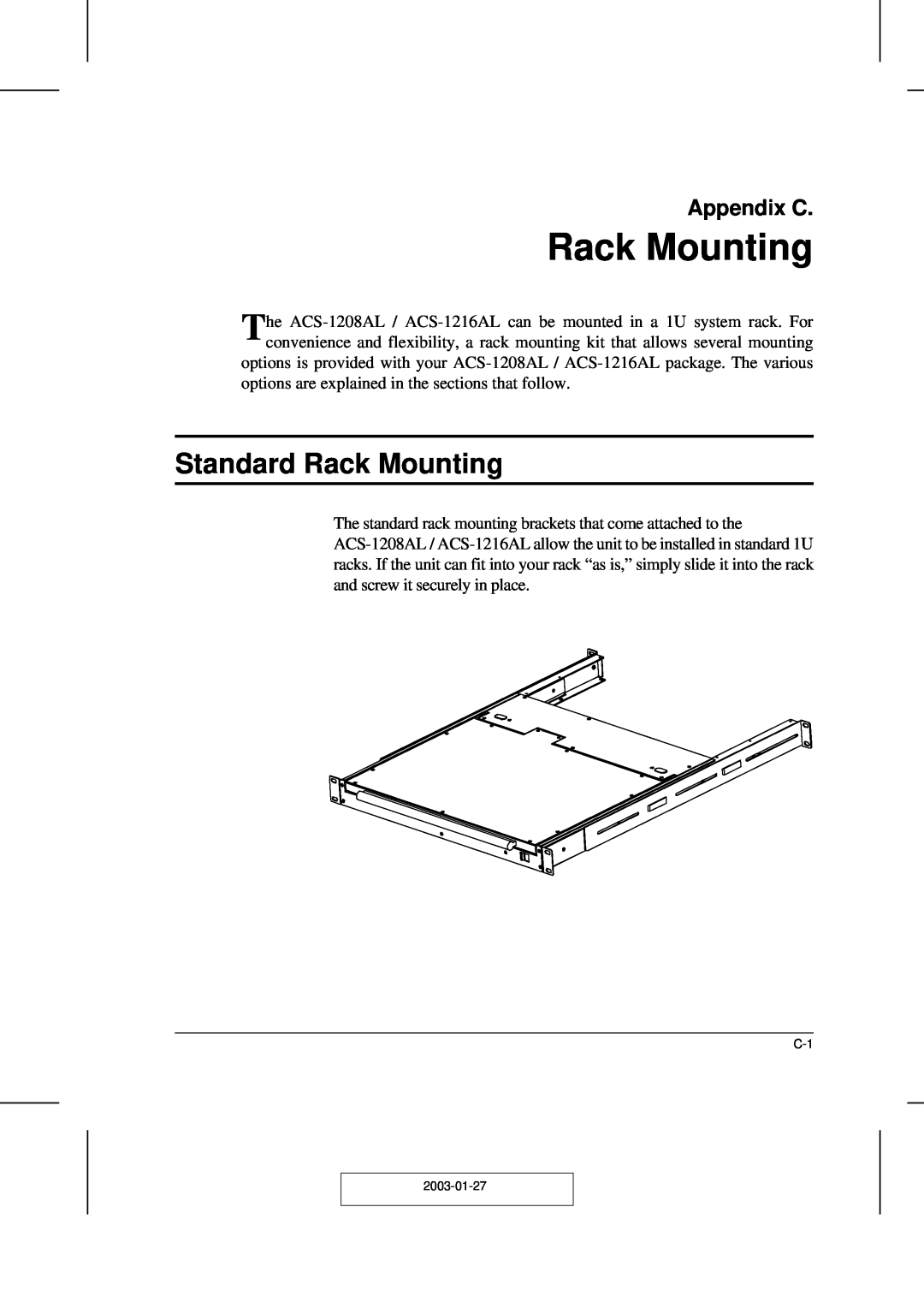 ATEN Technology ACS-1208AL, ACS-1216AL user manual Standard Rack Mounting, Appendix C 