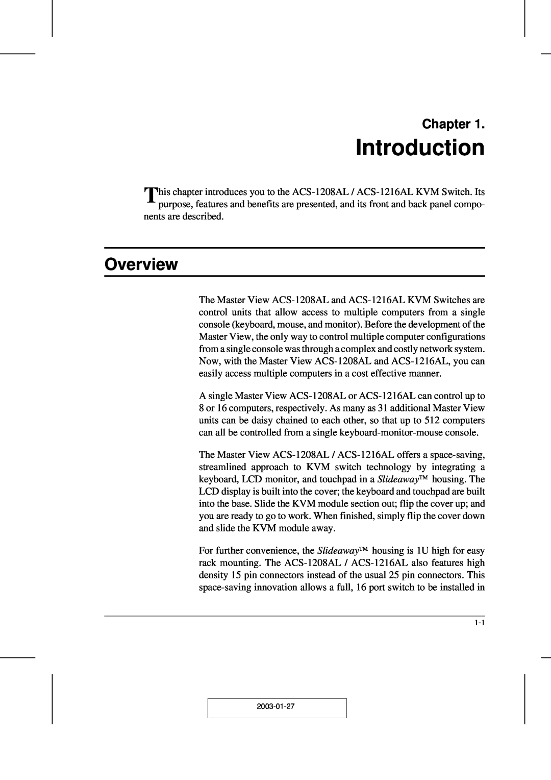 ATEN Technology ACS-1208AL, ACS-1216AL user manual Introduction, Overview, Chapter 