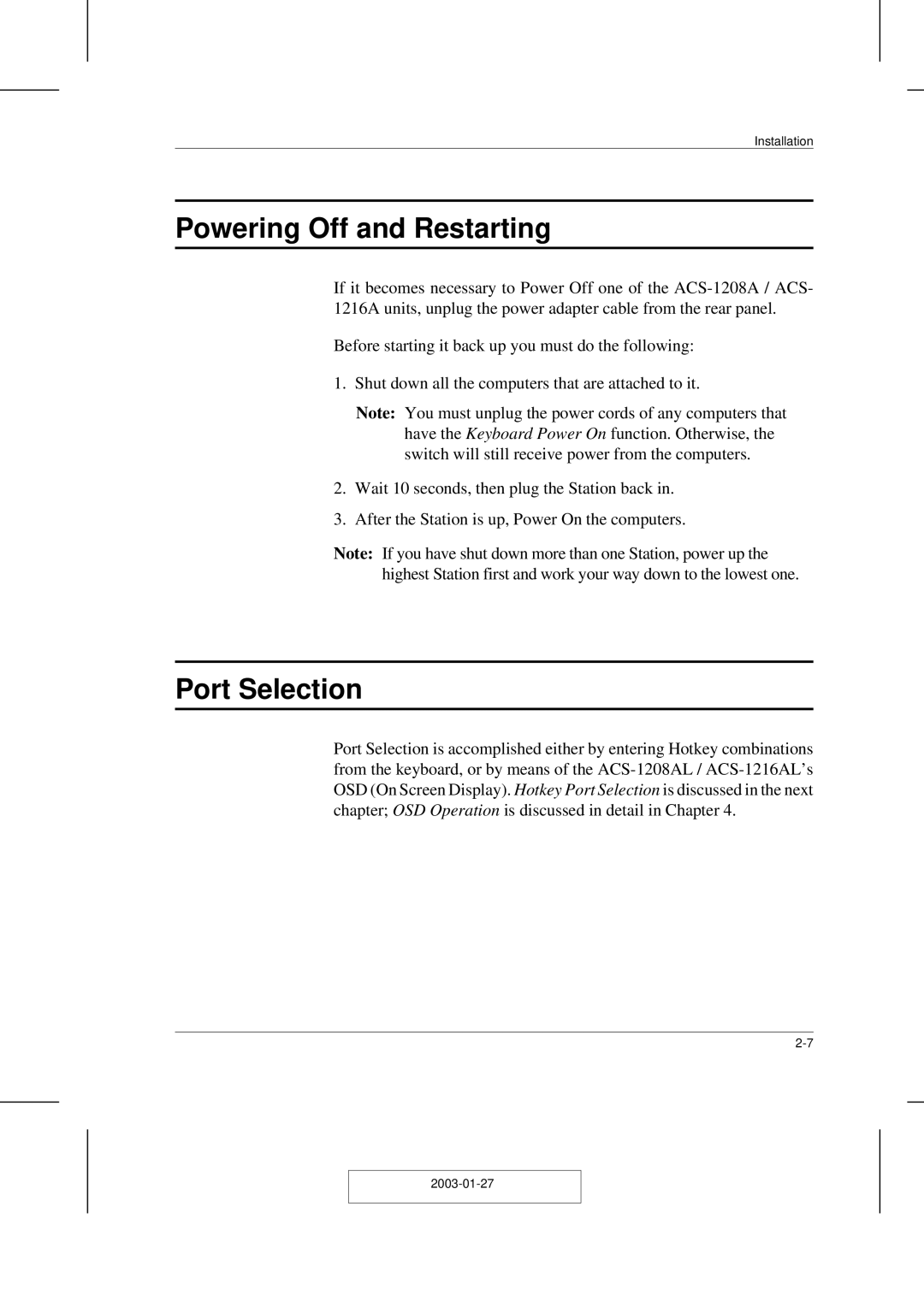 ATEN Technology ACS-1208AL, ACS-1216AL user manual Powering Off and Restarting, Port Selection 