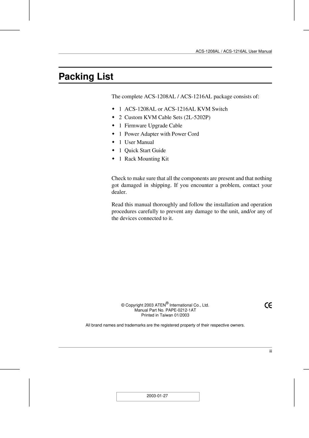 ATEN Technology ACS-1208AL, ACS-1216AL user manual Packing List 