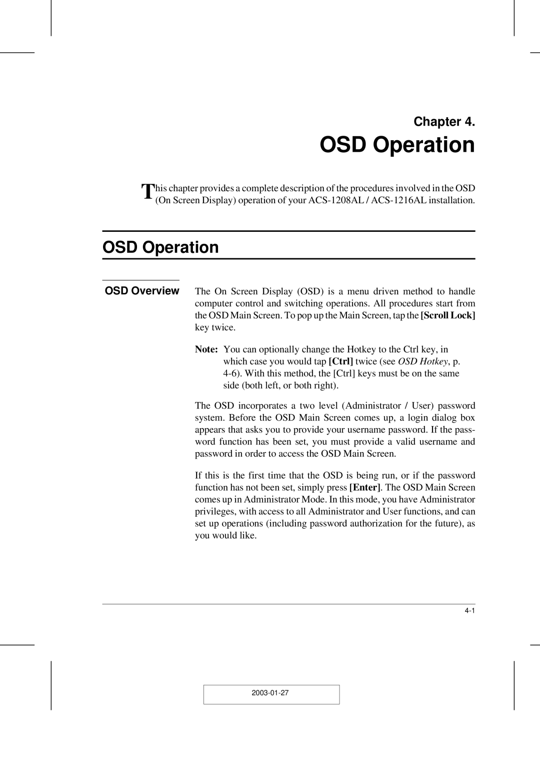 ATEN Technology ACS-1208AL, ACS-1216AL user manual OSD Operation 