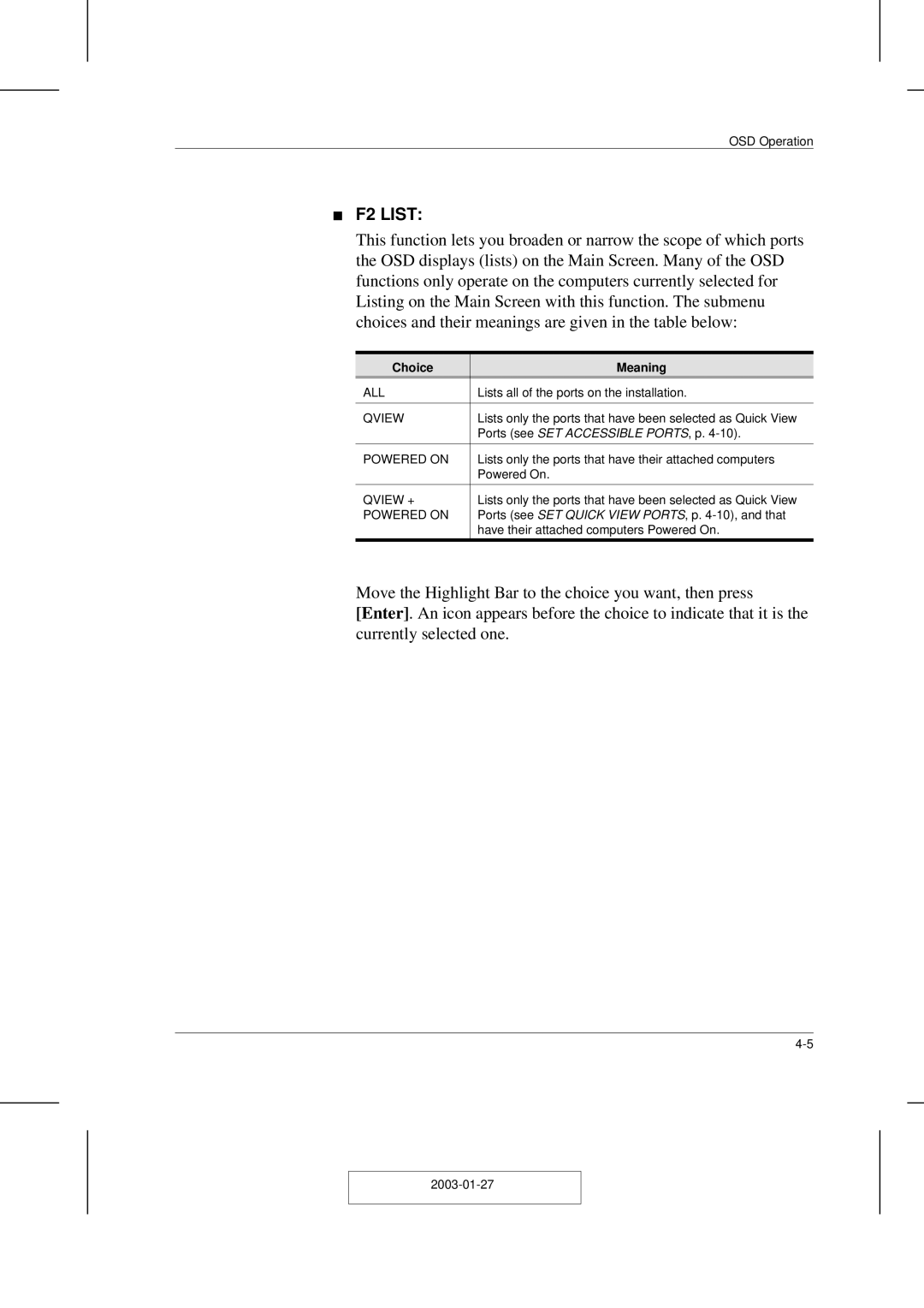 ATEN Technology ACS-1208AL, ACS-1216AL user manual F2 List, Choice Meaning 