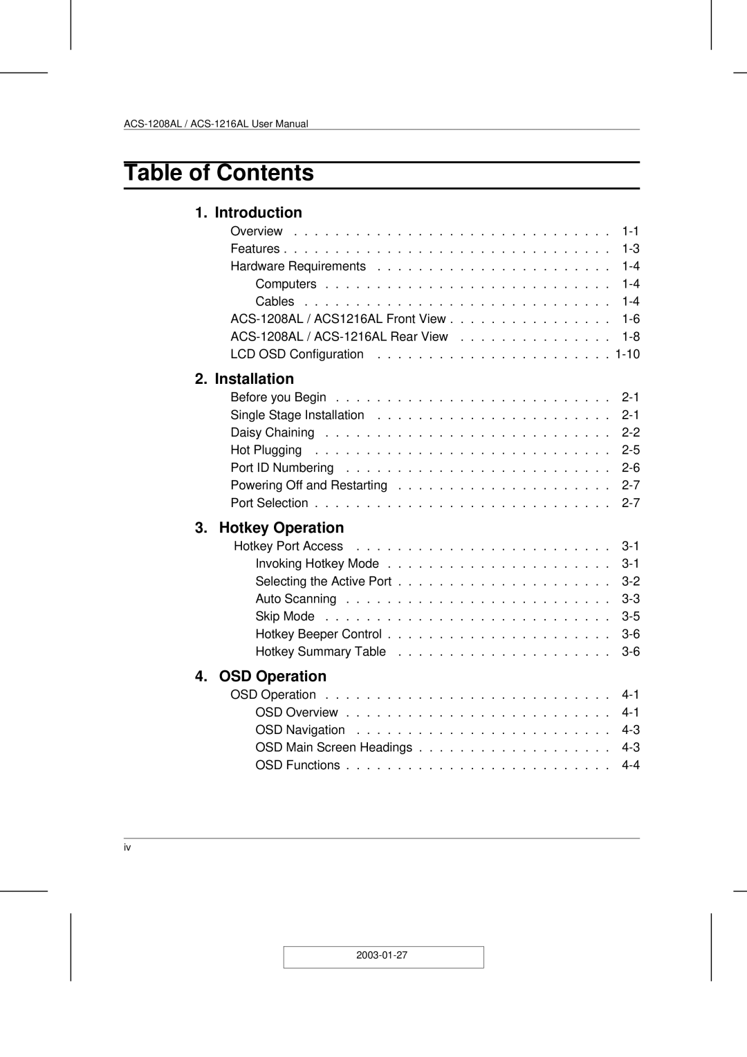 ATEN Technology ACS-1208AL, ACS-1216AL user manual Table of Contents 