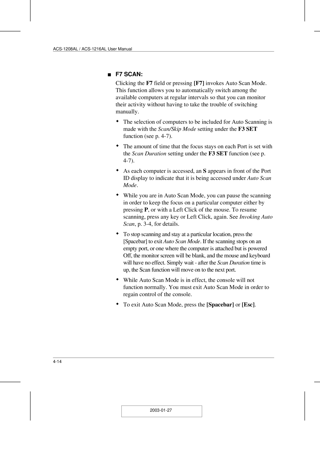 ATEN Technology ACS-1208AL, ACS-1216AL user manual F7 Scan 