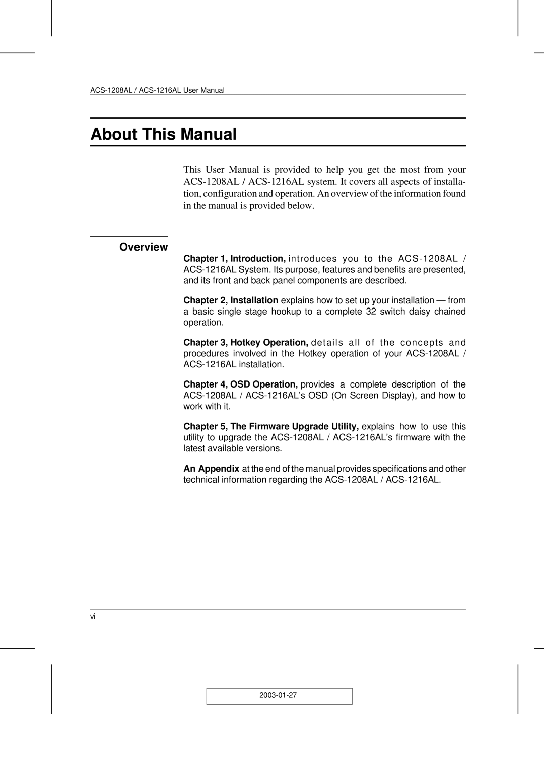 ATEN Technology ACS-1208AL, ACS-1216AL user manual About This Manual, Overview 