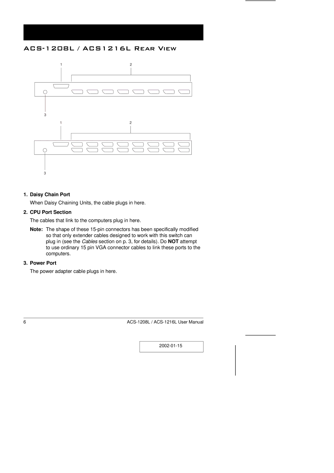 ATEN Technology user manual ACS-1208L / ACS1216L Rear View, Daisy Chain Port, CPU Port Section, Power Port 