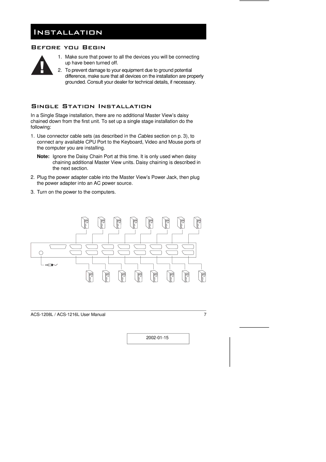 ATEN Technology ACS-1208L user manual Before you Begin, Single Station Installation 