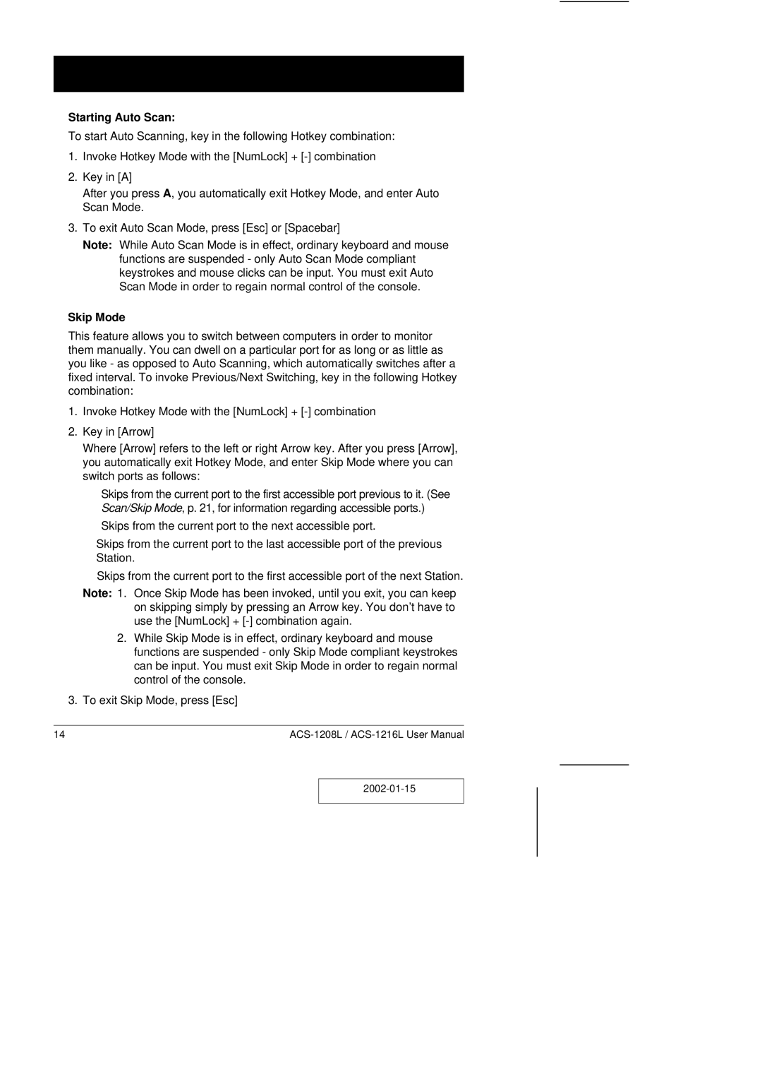 ATEN Technology ACS-1208L user manual Starting Auto Scan, Skip Mode 