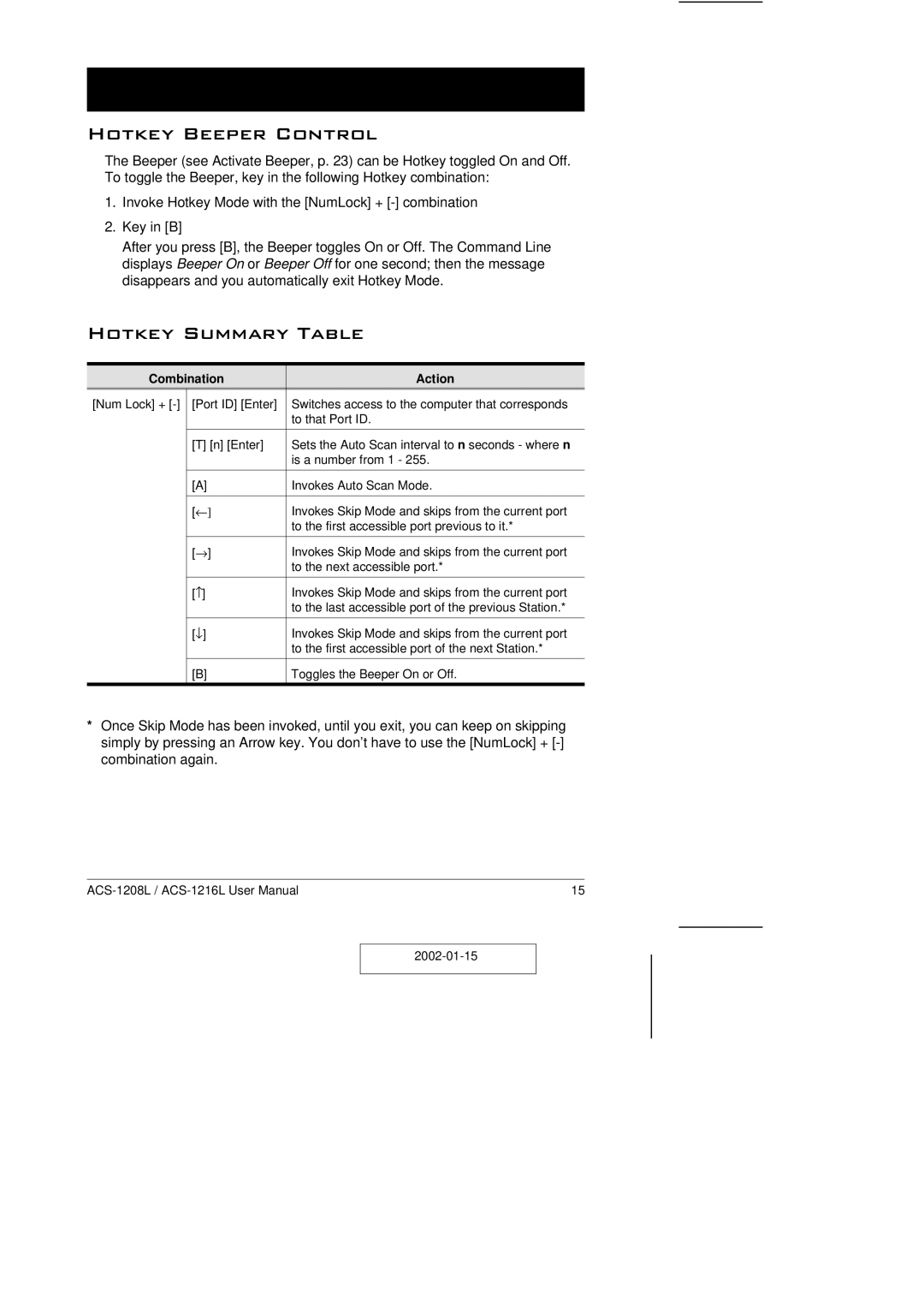 ATEN Technology ACS-1208L user manual Hotkey Beeper Control, Hotkey Summary Table, Combination Action 