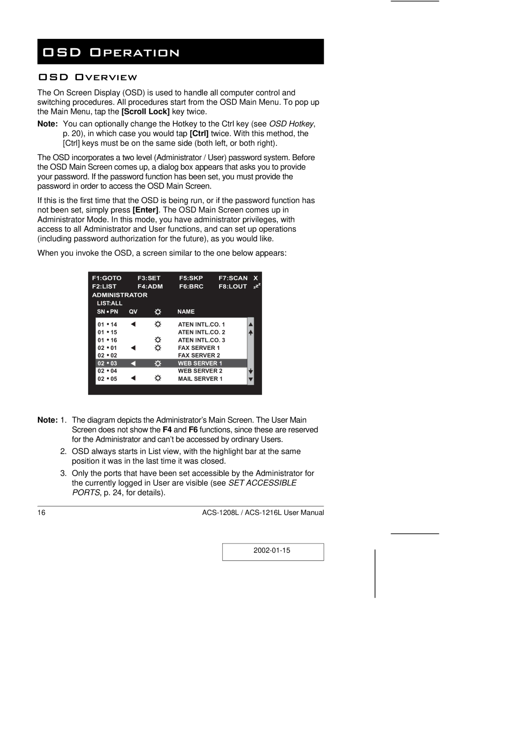 ATEN Technology ACS-1208L user manual OSD Operation, OSD Overview 