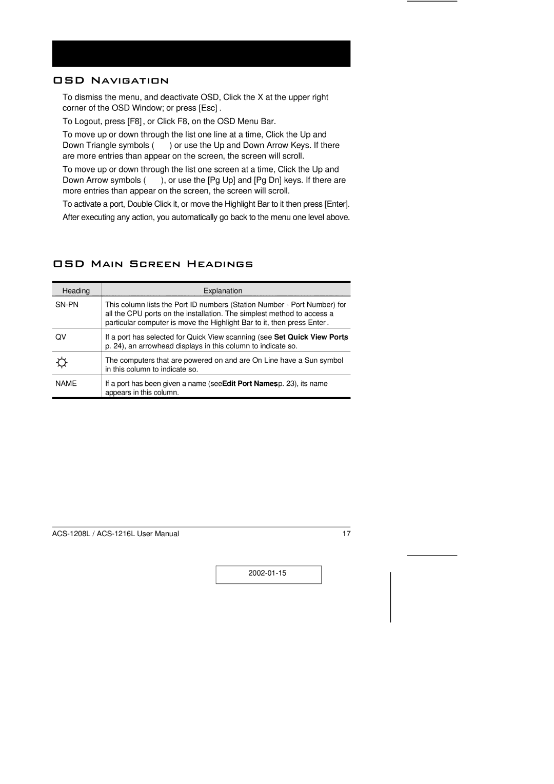 ATEN Technology ACS-1208L user manual OSD Navigation, OSD Main Screen Headings, Heading Explanation, Sn-Pn, Name 