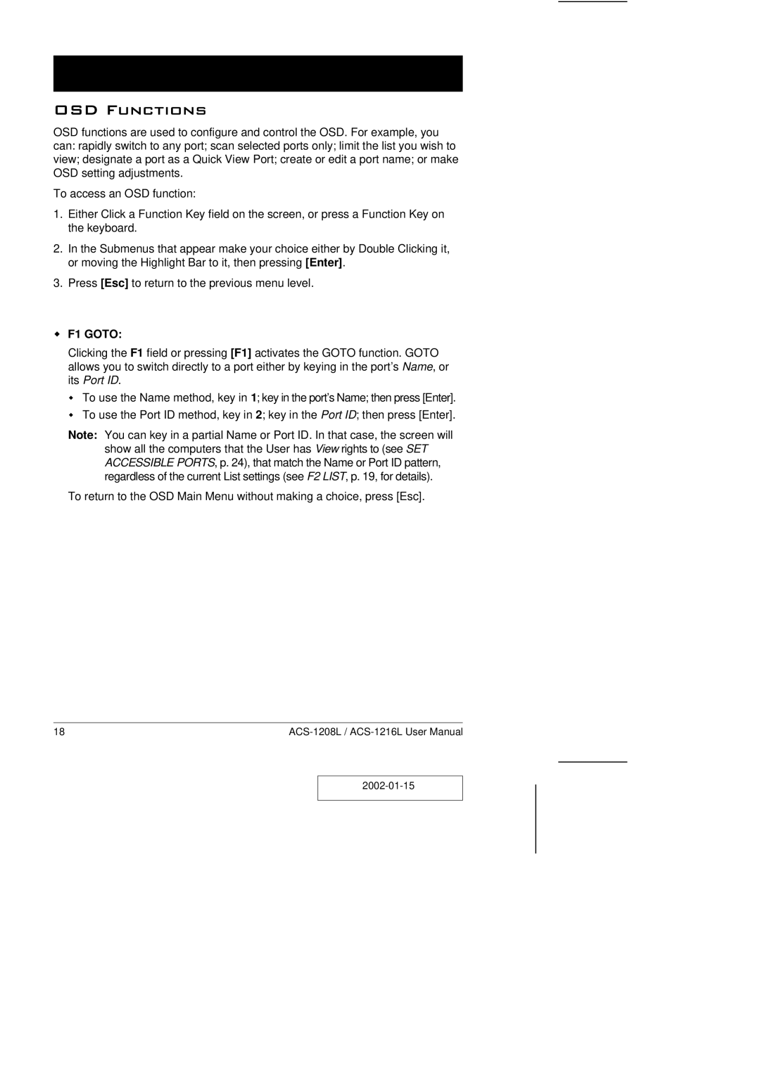 ATEN Technology ACS-1208L user manual OSD Functions, F1 Goto 