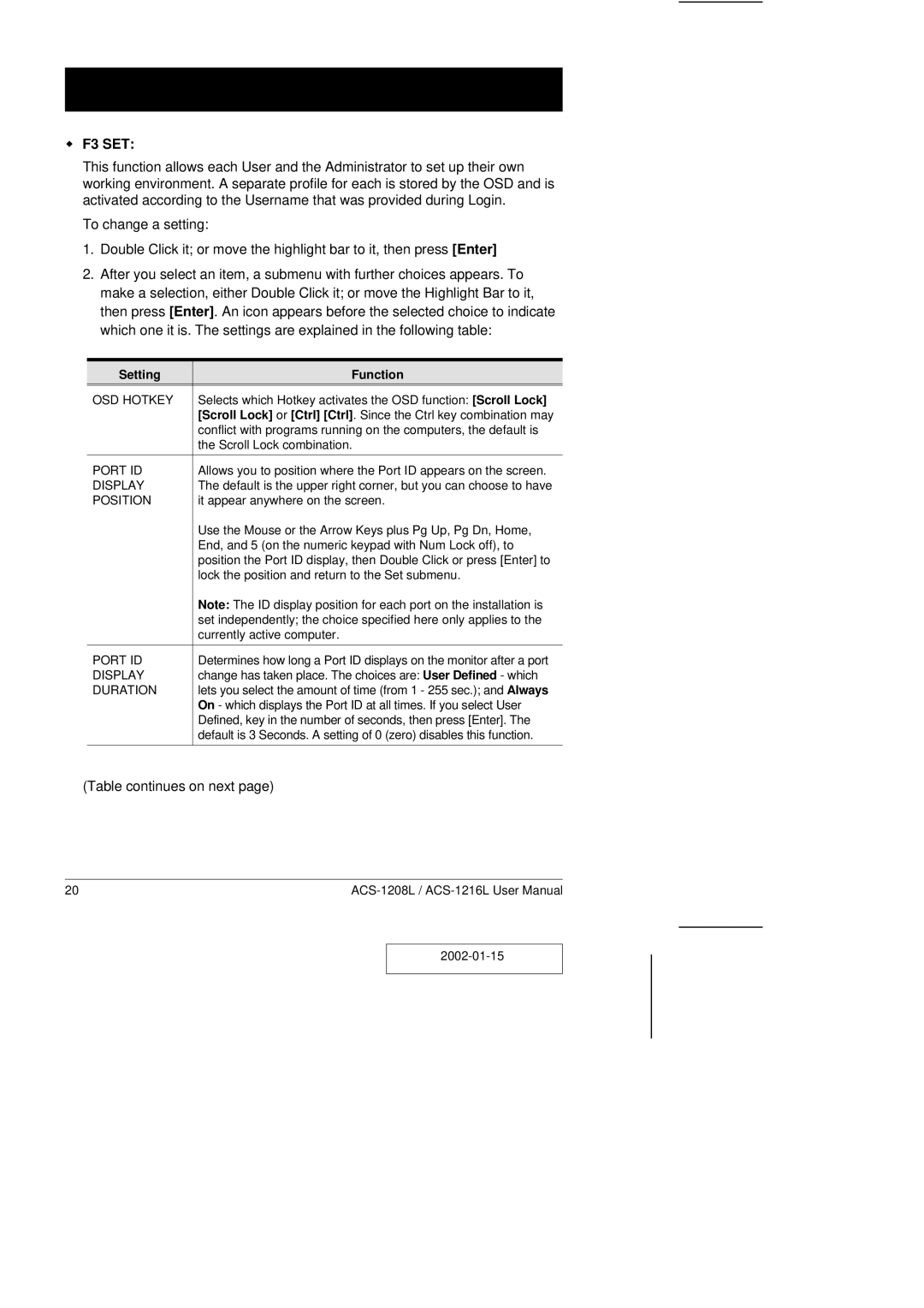 ATEN Technology ACS-1208L user manual F3 SET, Setting Function 