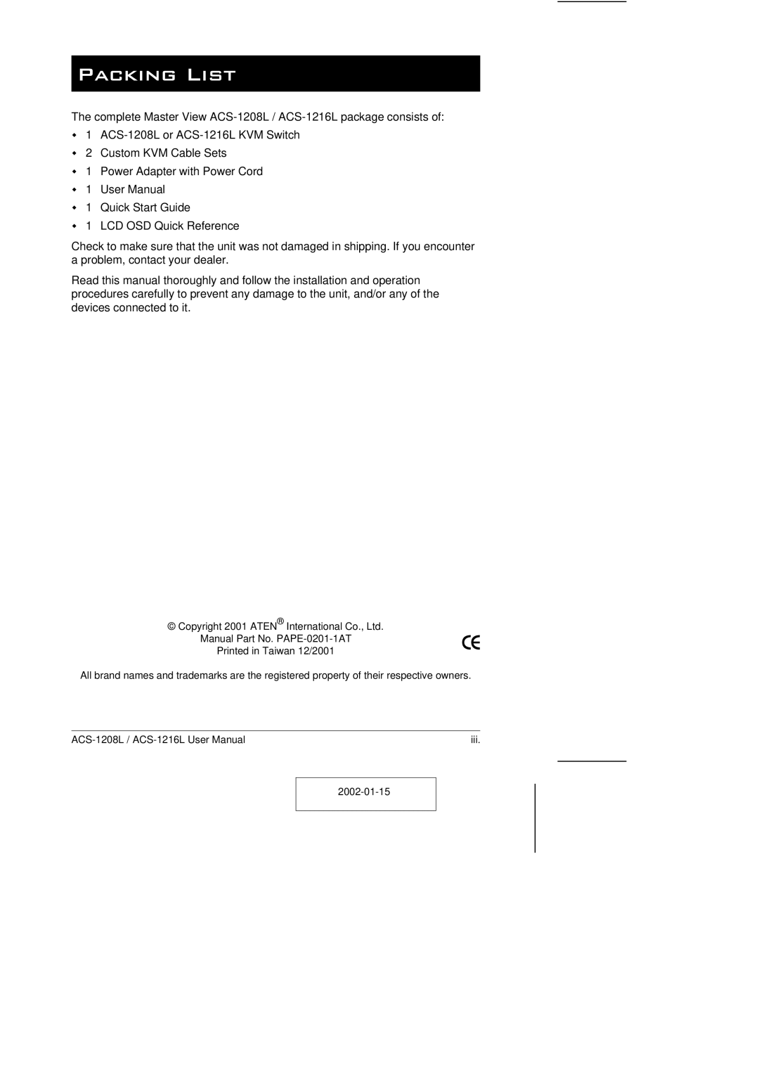 ATEN Technology ACS-1208L user manual Packing List 