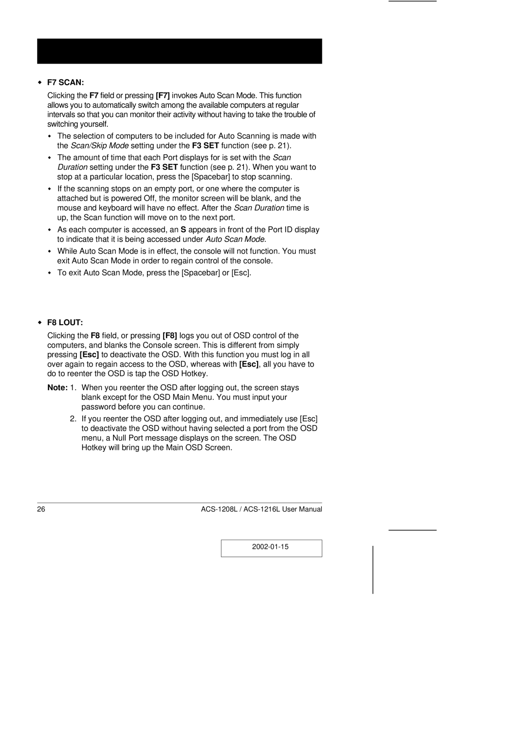 ATEN Technology ACS-1208L user manual F7 Scan, F8 Lout 