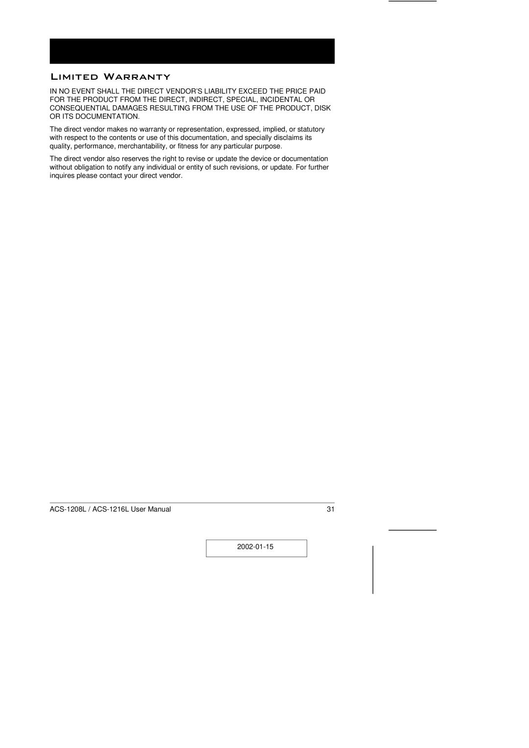 ATEN Technology ACS-1208L user manual Limited Warranty 