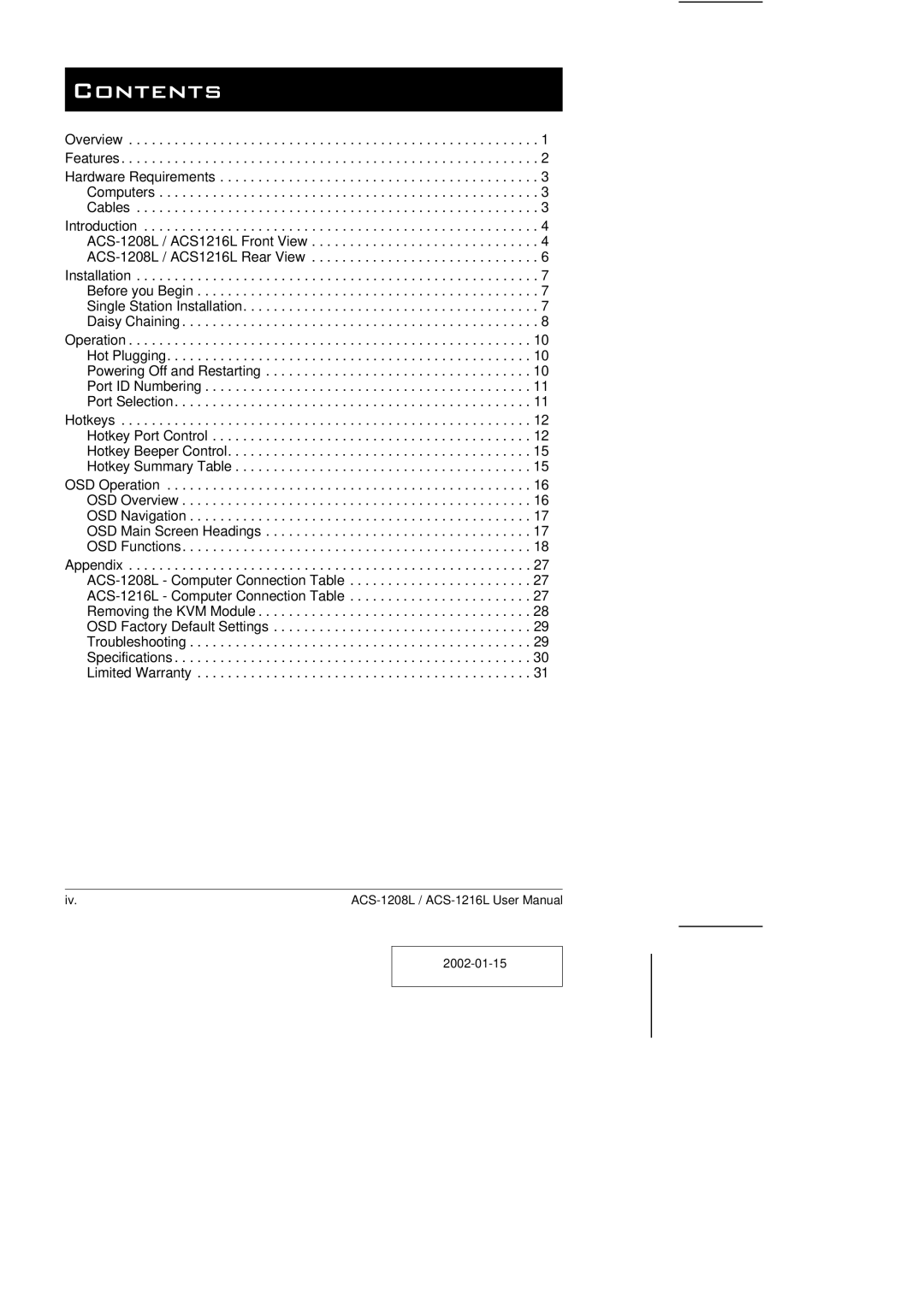 ATEN Technology ACS-1208L user manual Contents 