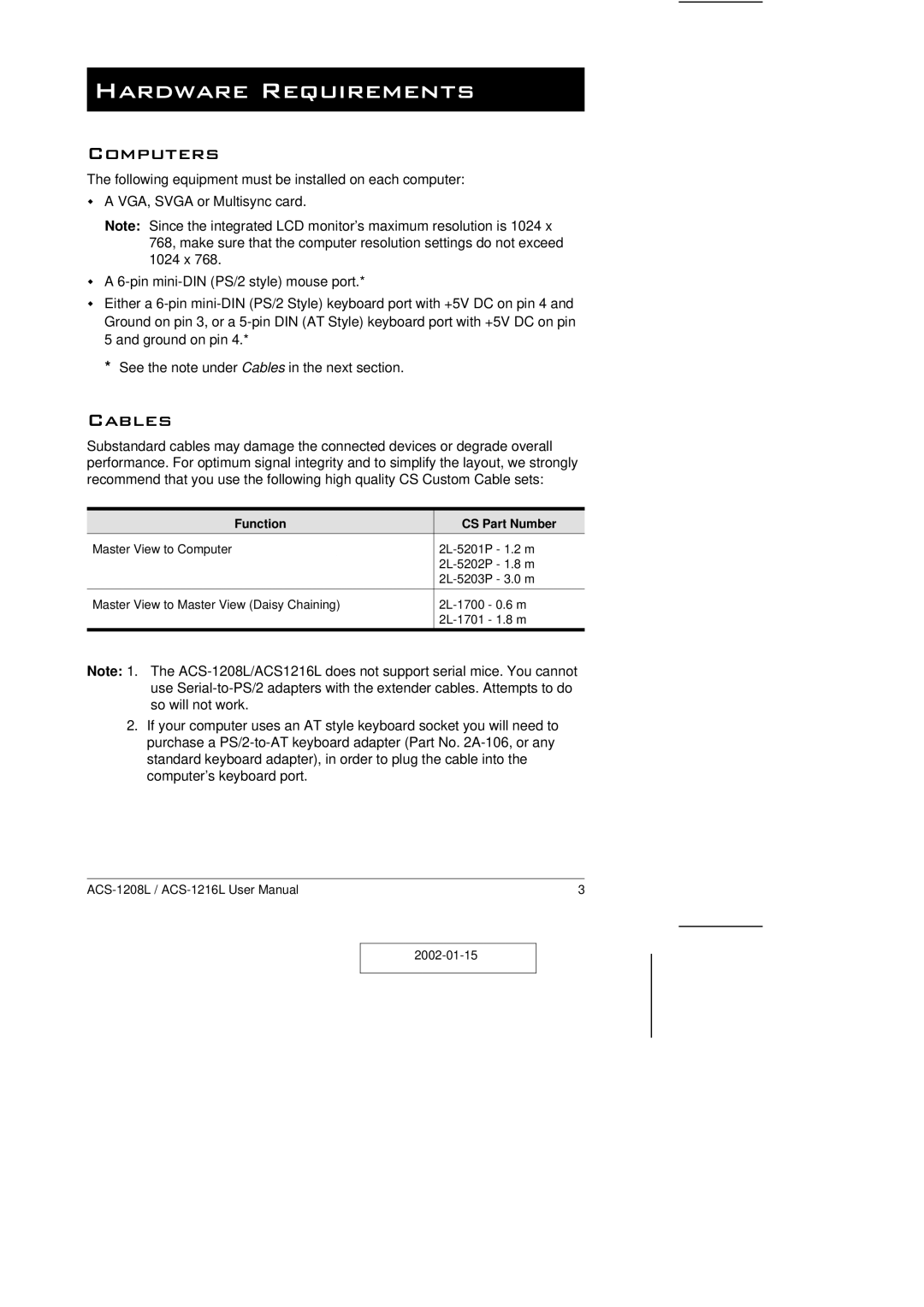 ATEN Technology ACS-1208L user manual Hardware Requirements, Computers, Cables, Function CS Part Number 