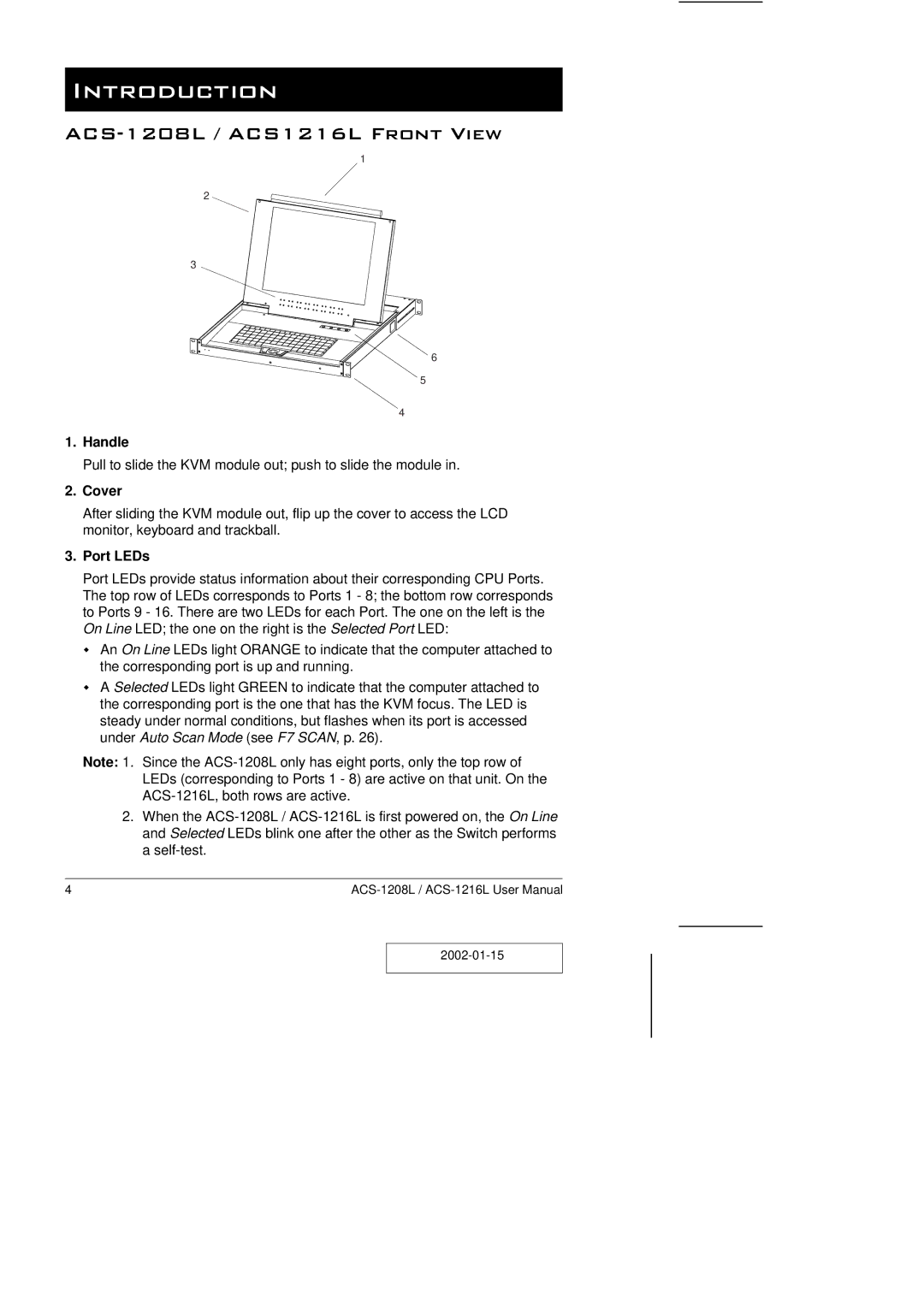 ATEN Technology user manual Introduction, ACS-1208L / ACS1216L Front View, Handle, Cover, Port LEDs 