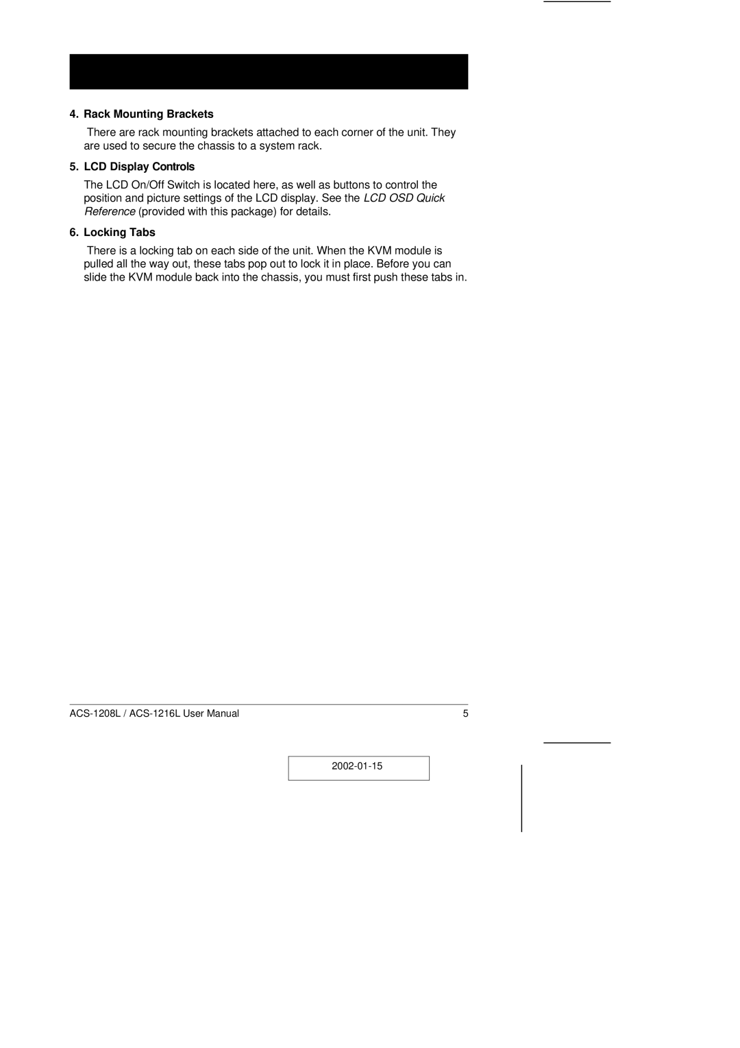 ATEN Technology ACS-1208L user manual Rack Mounting Brackets, LCD Display Controls, Locking Tabs 