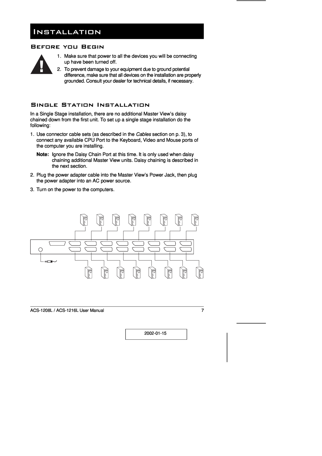 ATEN Technology ACS-1208L user manual Before you Begin, Single Station Installation 