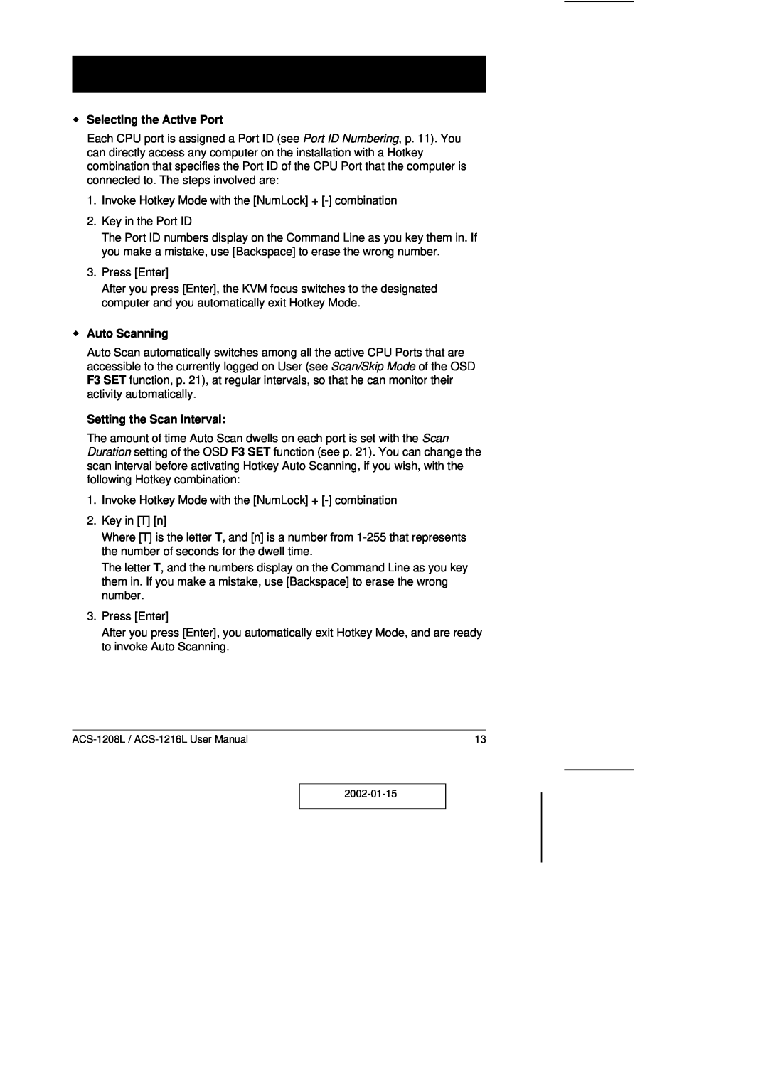 ATEN Technology ACS-1208L user manual w Selecting the Active Port, w Auto Scanning, Setting the Scan Interval 