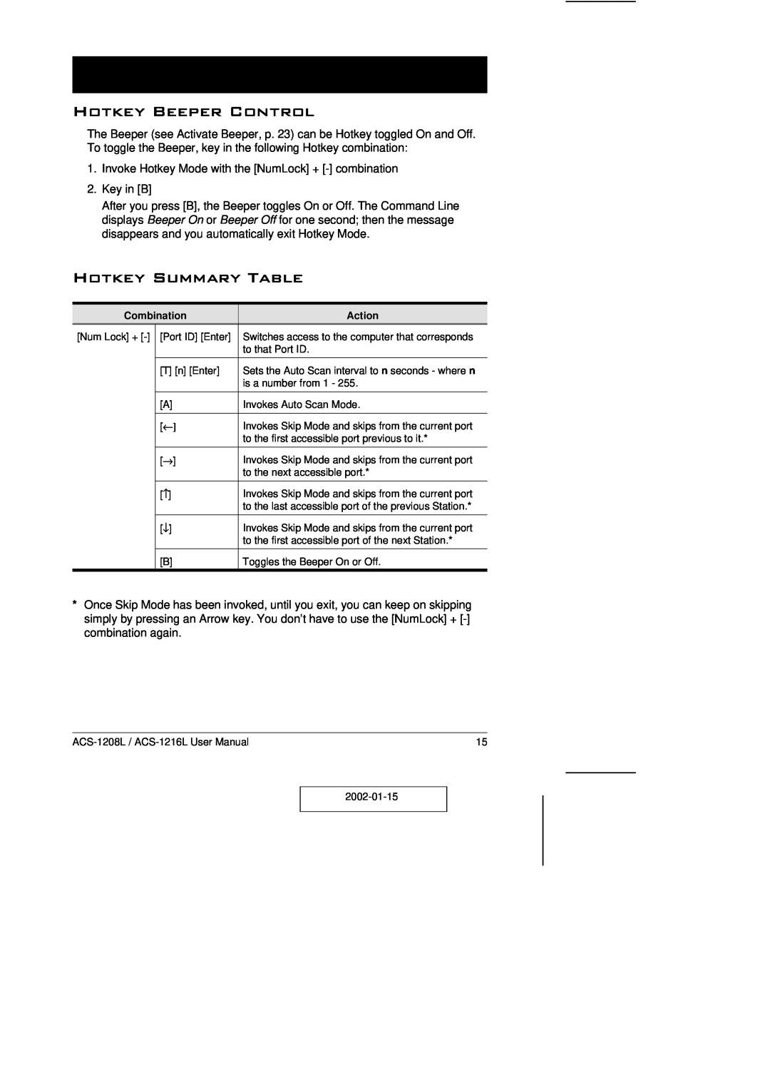 ATEN Technology ACS-1208L user manual Hotkey Beeper Control, Hotkey Summary Table 