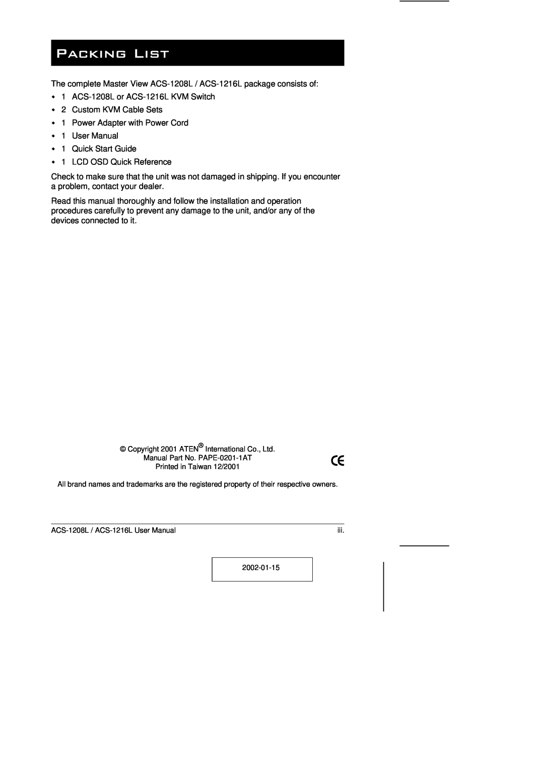 ATEN Technology ACS-1208L user manual Packing List 