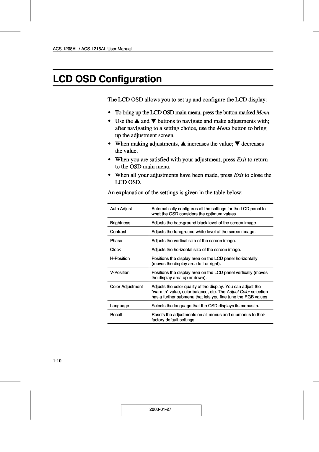 ATEN Technology ACS-1208AL, ACS-1216AL user manual LCD OSD Configuration 