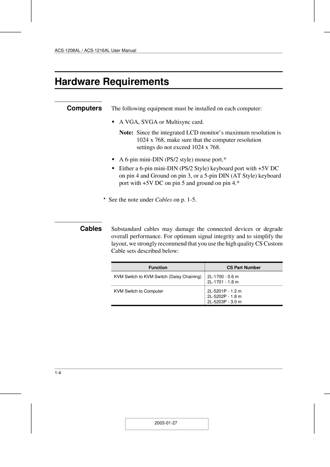 ATEN Technology ACS-1208AL, ACS-1216AL user manual Hardware Requirements, Function CS Part Number 