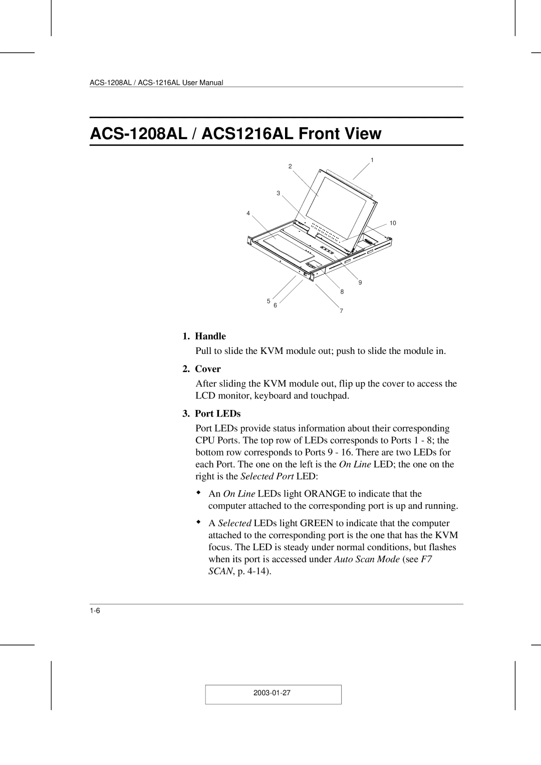 ATEN Technology ACS-1216AL user manual ACS-1208AL / ACS1216AL Front View, Cover 