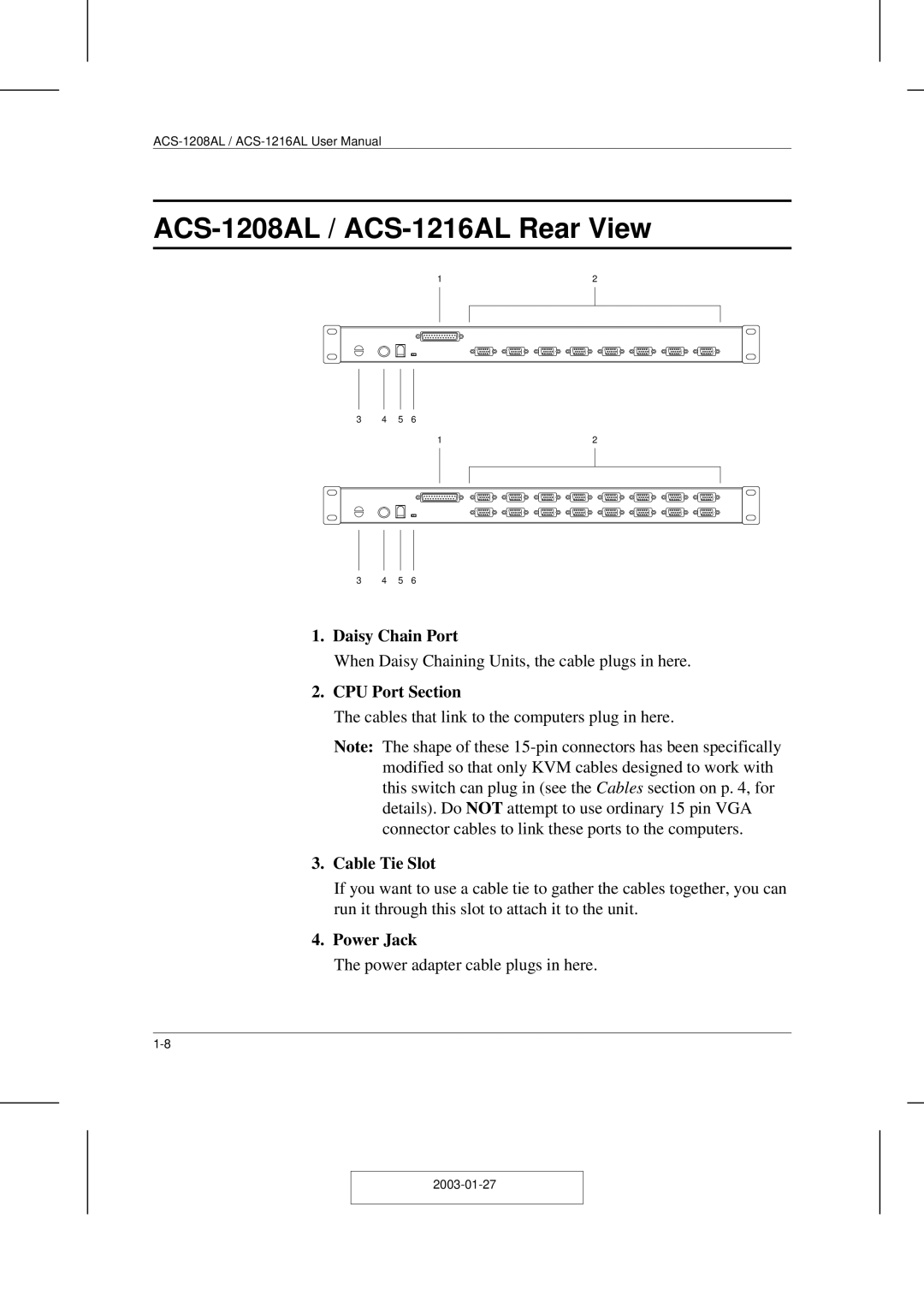 ATEN Technology user manual ACS-1208AL / ACS-1216AL Rear View, Cable Tie Slot 