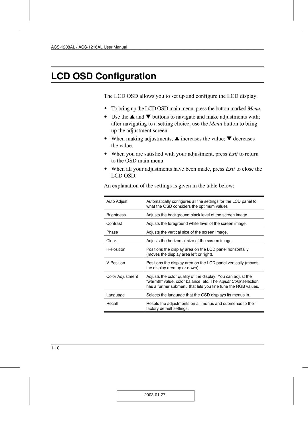 ATEN Technology ACS-1208AL, ACS-1216AL user manual LCD OSD Configuration, Lcd Osd 