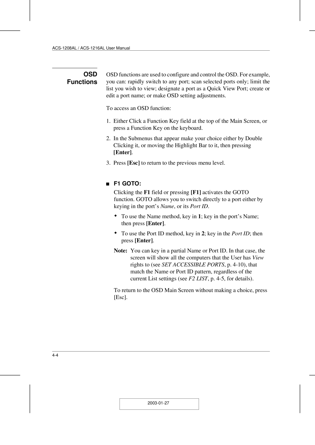 ATEN Technology ACS-1208AL, ACS-1216AL user manual OSD Functions, F1 Goto 